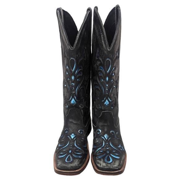 Roper Leather Cutout Western Boots Womens 7 Cowboy Distress Black Blue Metallic - Picture 2 of 13